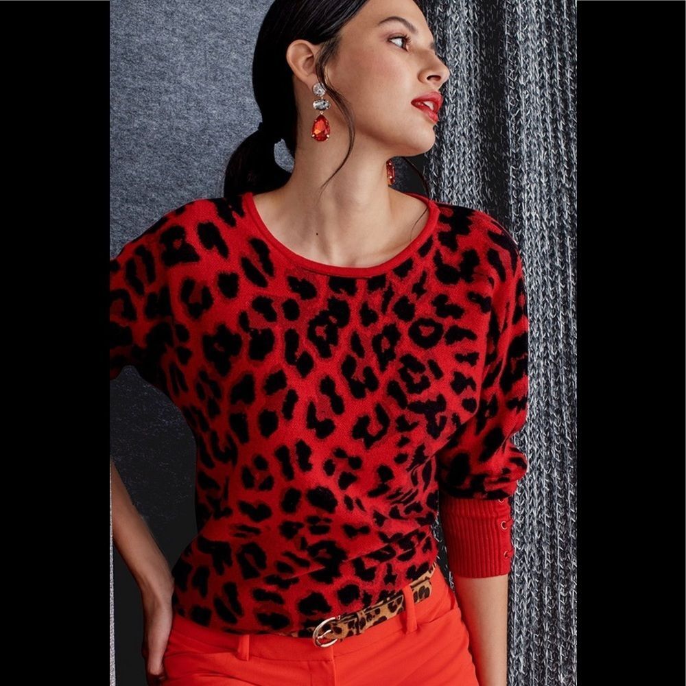 New York & Company animal print Raglan sleeves sweater in Red XXL